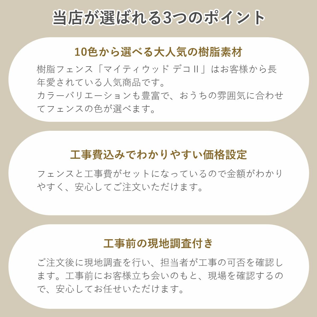当店が選ばれるポイント。10色から選べる大人気の樹脂素材。工事費込みでわかりやすい価格設定。工事前の現地調査付き。