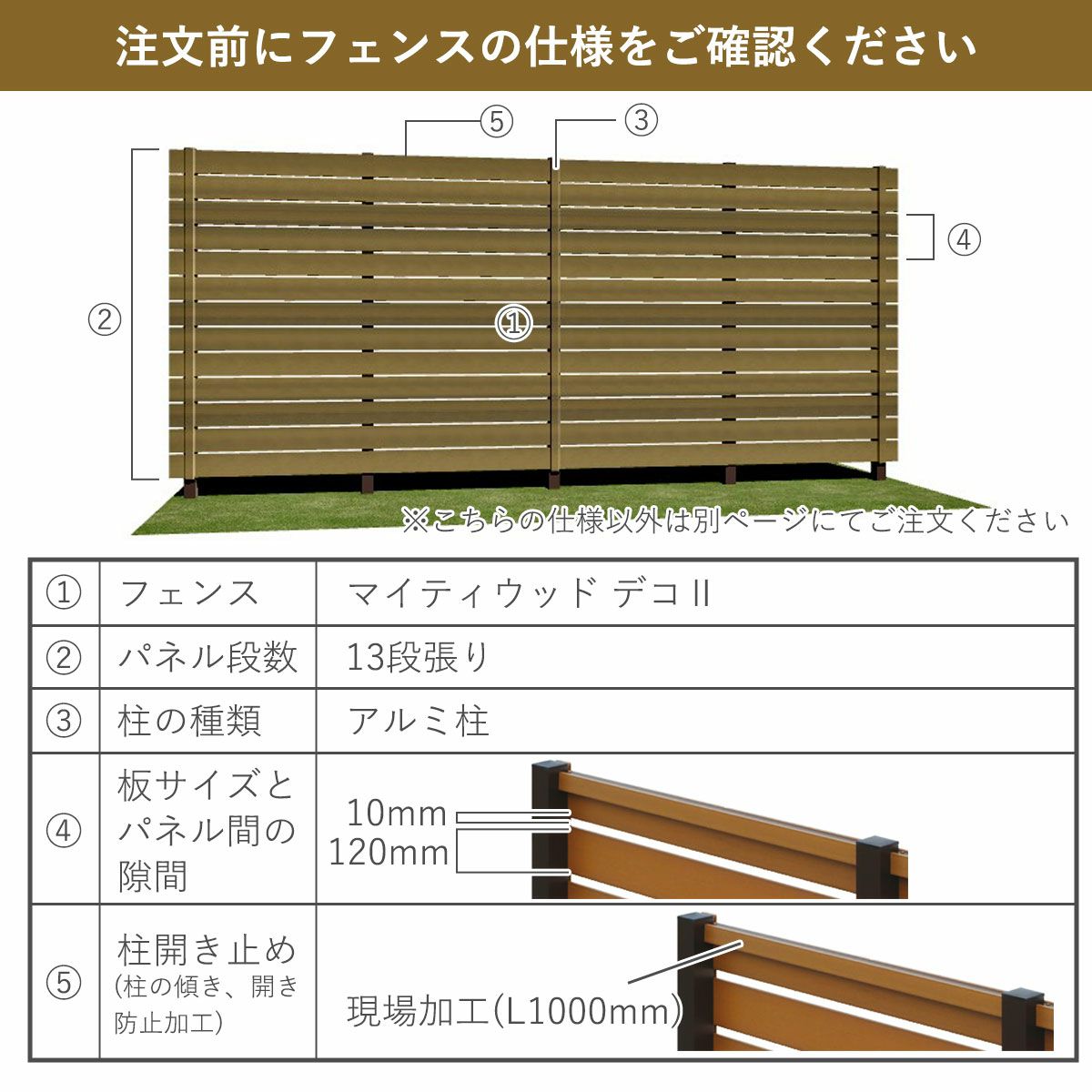 フェンスの仕様。商品名はマイティウッド デコ2。パネルの段数は13段張り、柱の種類はアルミ柱。板1枚の高さは120mm、板と板の隙間は10mm、柱の開き止めは現場加工。