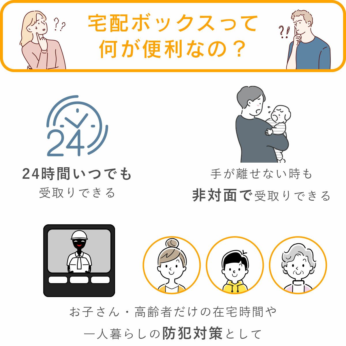 宅配ボックスは24時間いつでも非対面で受け取りができ、防犯対策にもなって便利