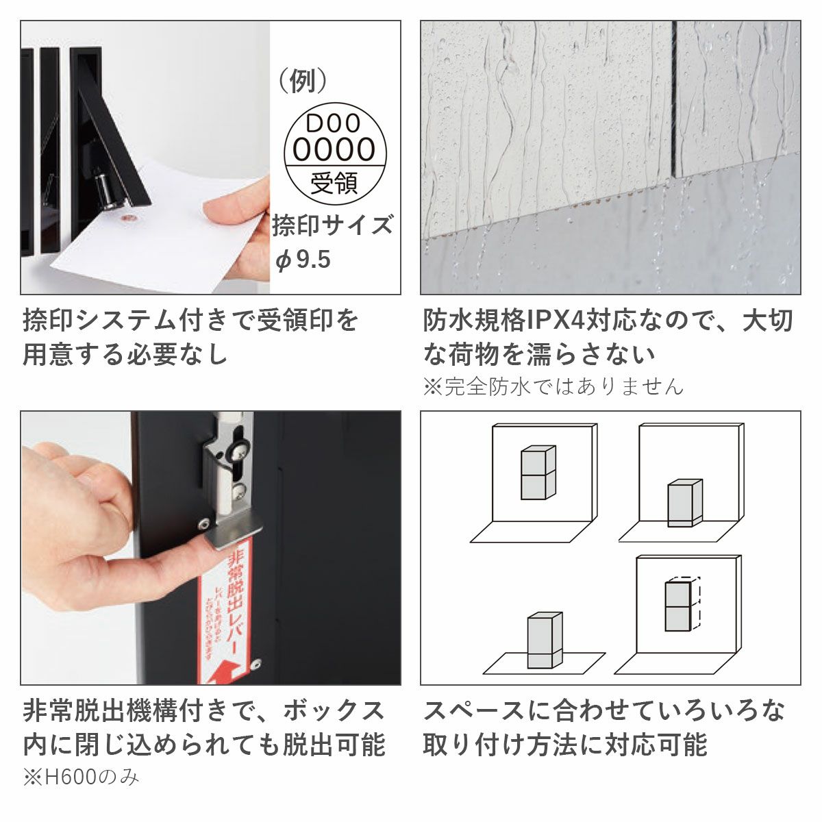 TL01Rの特徴。捺印システム付きで受領印を用意する必要なし。防水規格IPX4対応なので、大切な荷物を濡らさない。※完全防水ではありません。非常脱出機構付きなので安心（H600のみ）。様々な取り付け方法に対応。