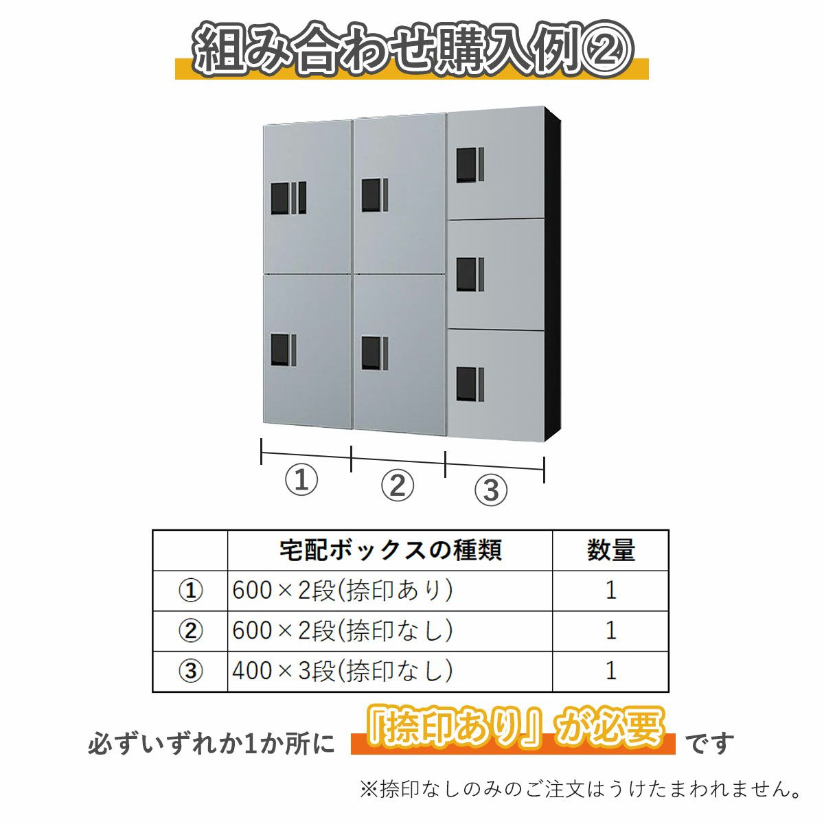 組み合わせ例2。600×2段捺印あり　1台、600×2段捺印なし　1台、400×3段捺印なし　1台。必ずいずれか1ヵ所に「捺印あり」が必要です。捺印なしのみのご注文はうけたまわれません。