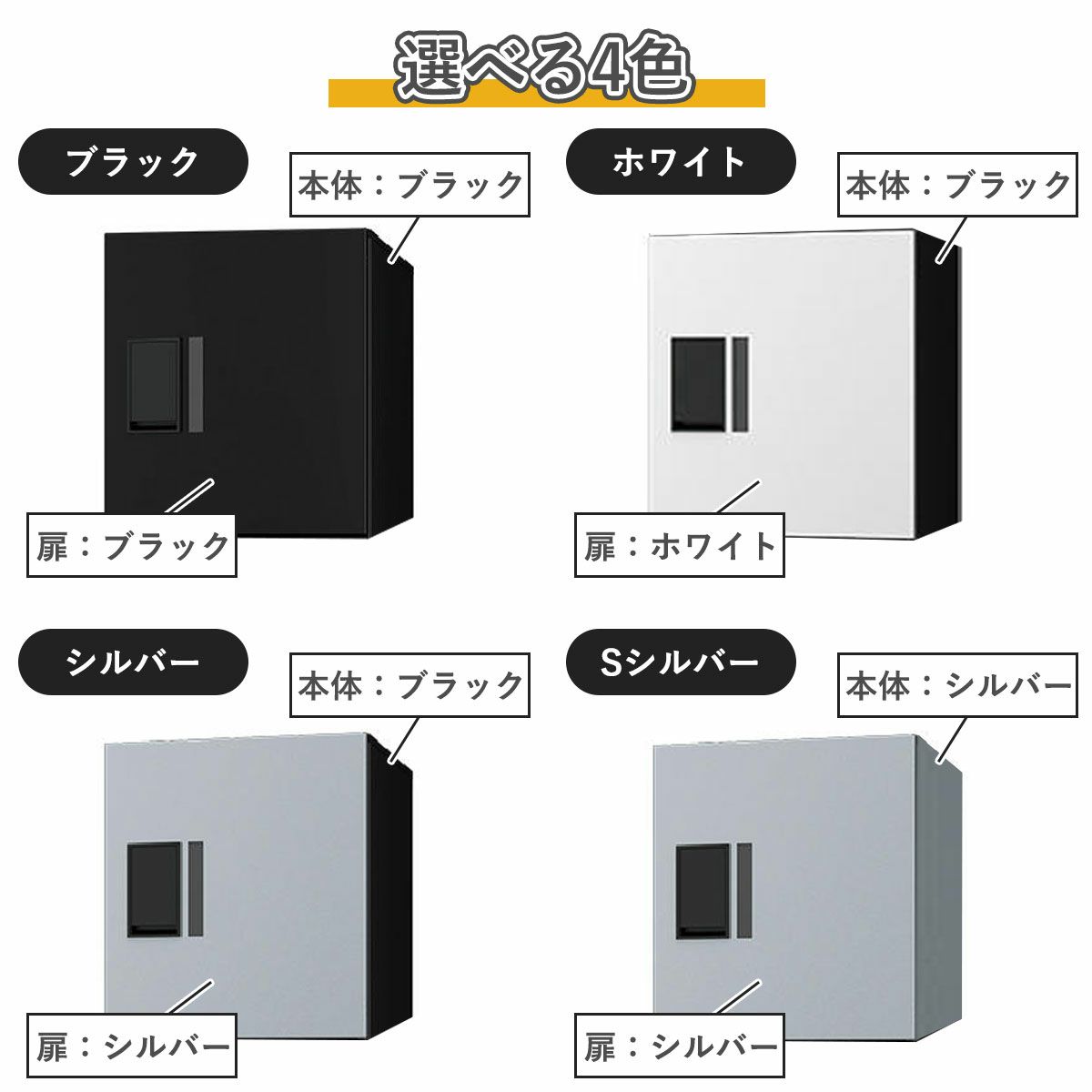 選べる4色。ブラック（扉ブラック×本体ブラック）。シルバー（扉シルバー×本体ブラック）。Sシルバー（扉シルバー×本体シルバー）。ホワイト（扉ホワイト×本体ブラック）