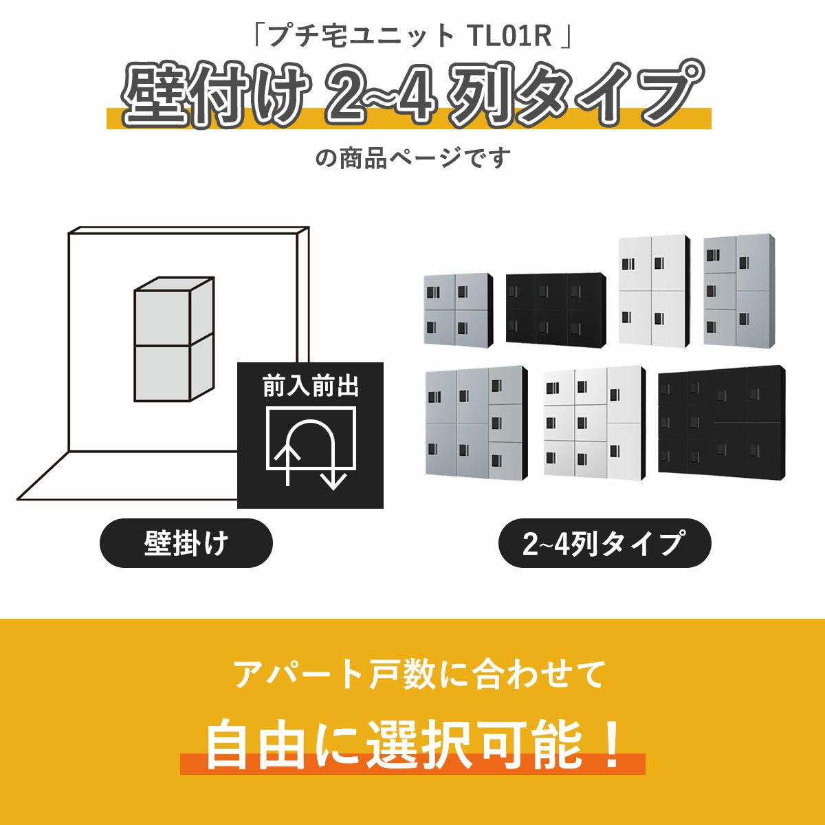 こちらは プチ宅ユニット TL01R 壁付け 2～4列タイプ の商品ページです。アパートの戸数に合わせて自由に選択可能です。